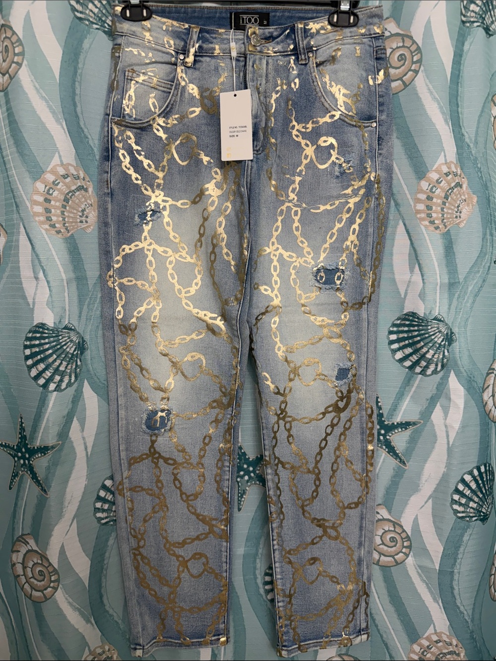 Light Blue Straight-Leg Jeans with Gold Chain Print